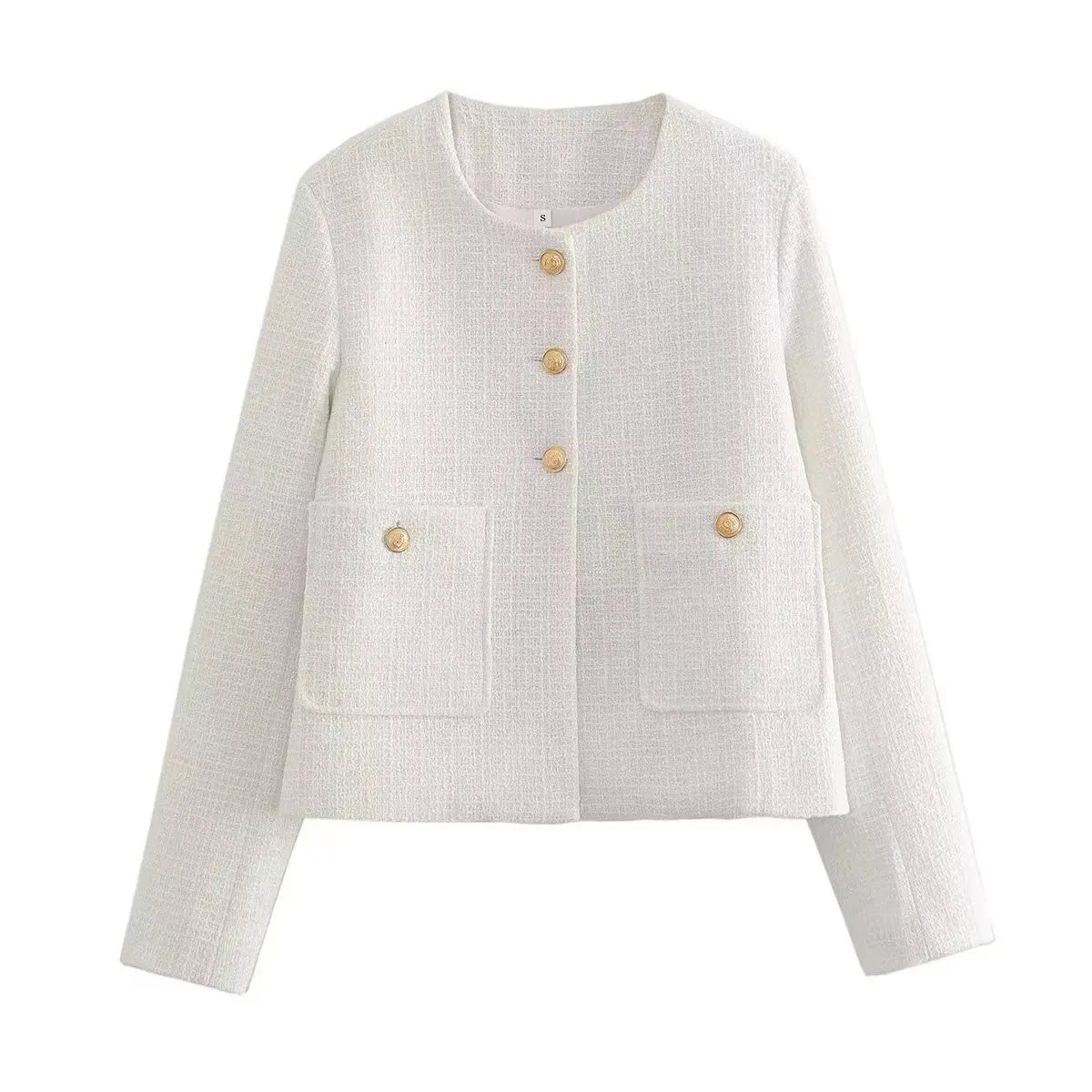 Short Tweed Coat Women Autumn Fashion Elegant O-neck Long Sleeve Botton Frayed Pockets Jackets Female Outwear Office Lady Coats white