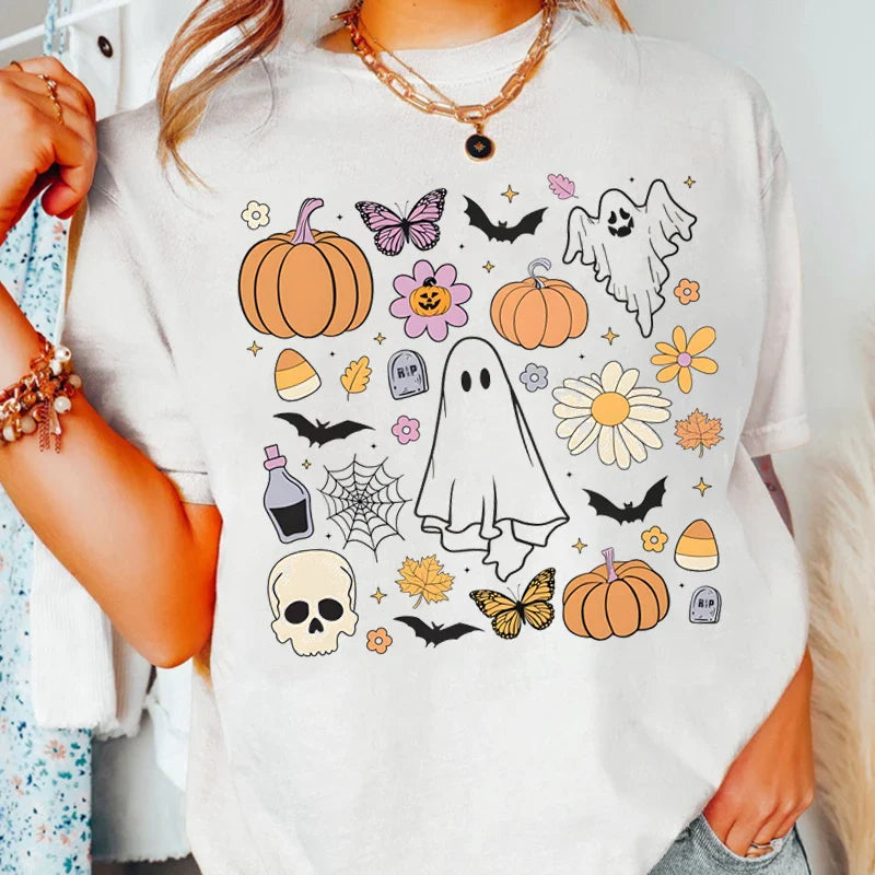 Ghost Print T-shirt, Halloween T-shirt, Short Sleeve Crew Neck Leisure T-shirt For Spring & Summer, Women's Clothing