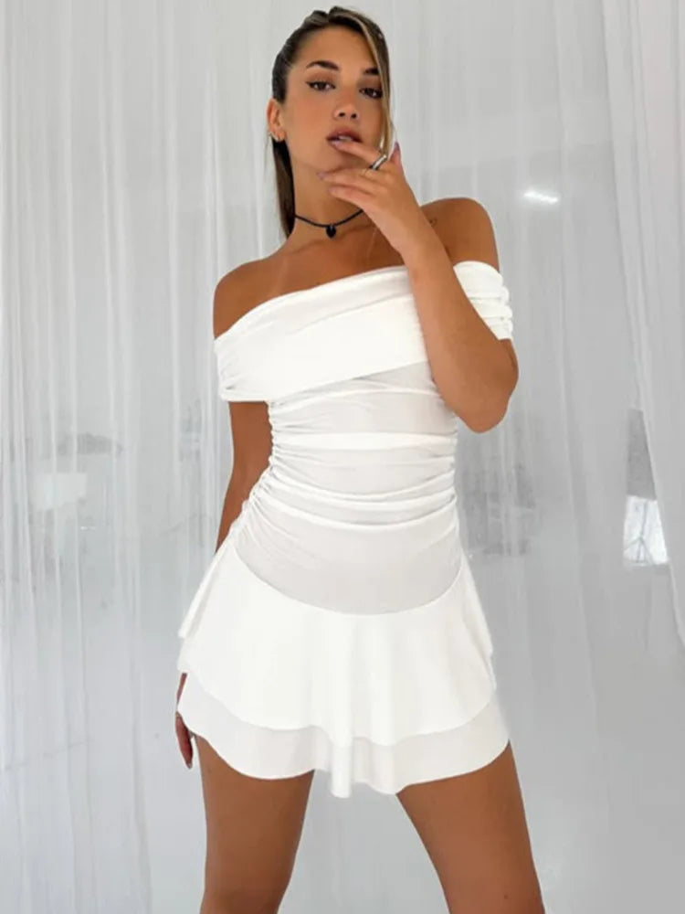 Off-shoulder Strapless Sexy Mini Dress For Women Robe Elegant Sleeveless Backless Ruched Skinny Club Party Dress