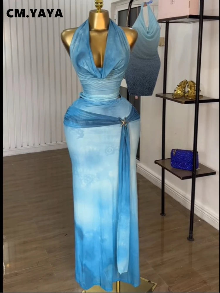 CM.YAYA Women Tie Dye Printed Halter Pile Neck Crop Top and Bodycon Midi Maxi Long Skirt Suit 2025 Summer Two 2Piece Set Outfits