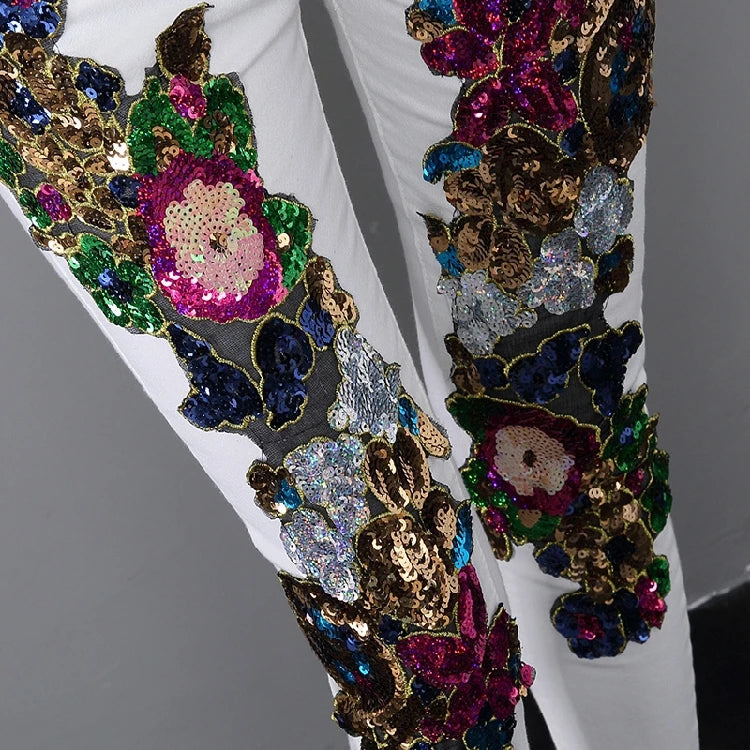 Spring and Summer Women's Sequins White Denim Pants Slim All-match Basic Pencil Student Stretch Jeans Daily Street Trousers