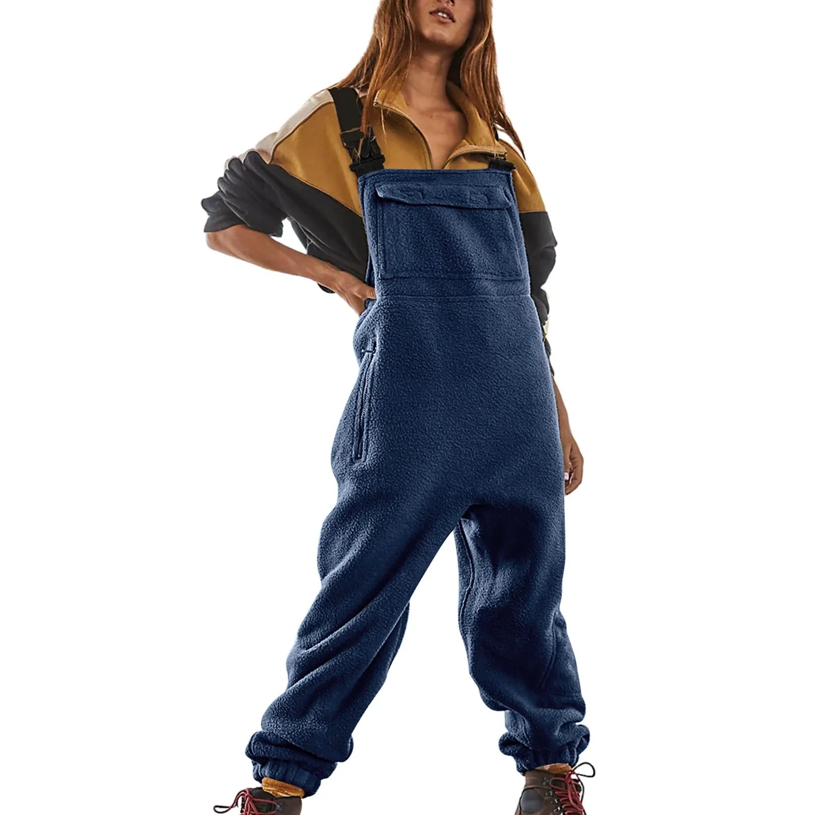 Womens Fleece Overalls One-piece Bibs Jumpsuits Adjustable Suspender Straps Warm Winter Fuzzy Ski Pants Navy