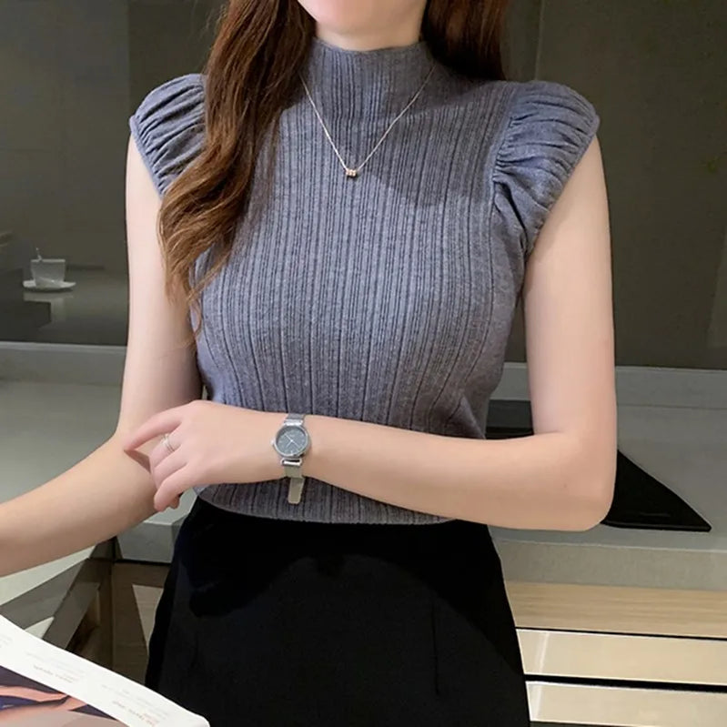 Women Tops Half High Collar Vest Solid Casual Female Sleeveless Knitted Summer Half Turtleneck Knitted Sleeveless T-Shirt H