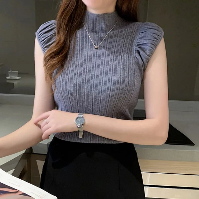 Women Tops Half High Collar Vest Solid Casual Female Sleeveless Knitted Summer Half Turtleneck Knitted Sleeveless T-Shirt H