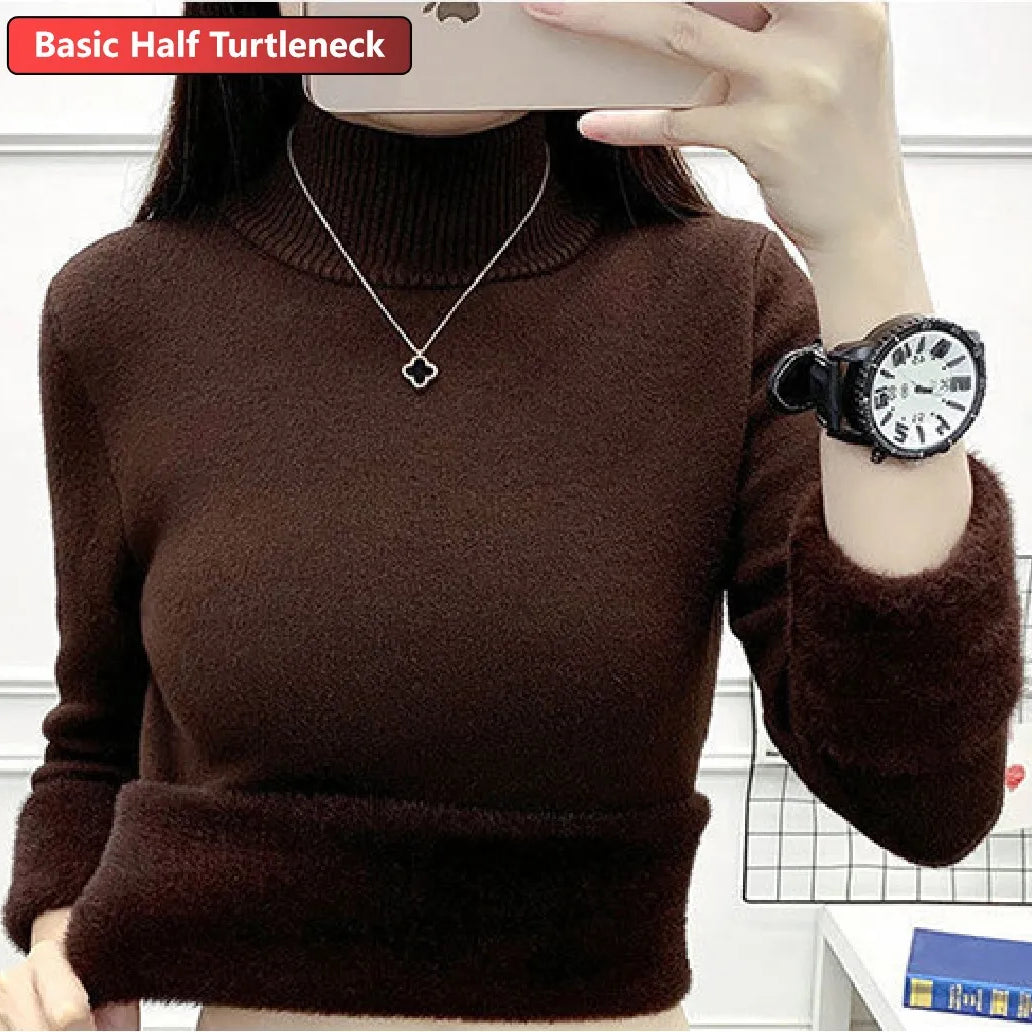 Turtleneck Winter Sweater Women Elegant Thicken Velvet Lined Warm Sueter Knitted Pullover Slim Tops Jersey Knitwear Jumper New HT brown