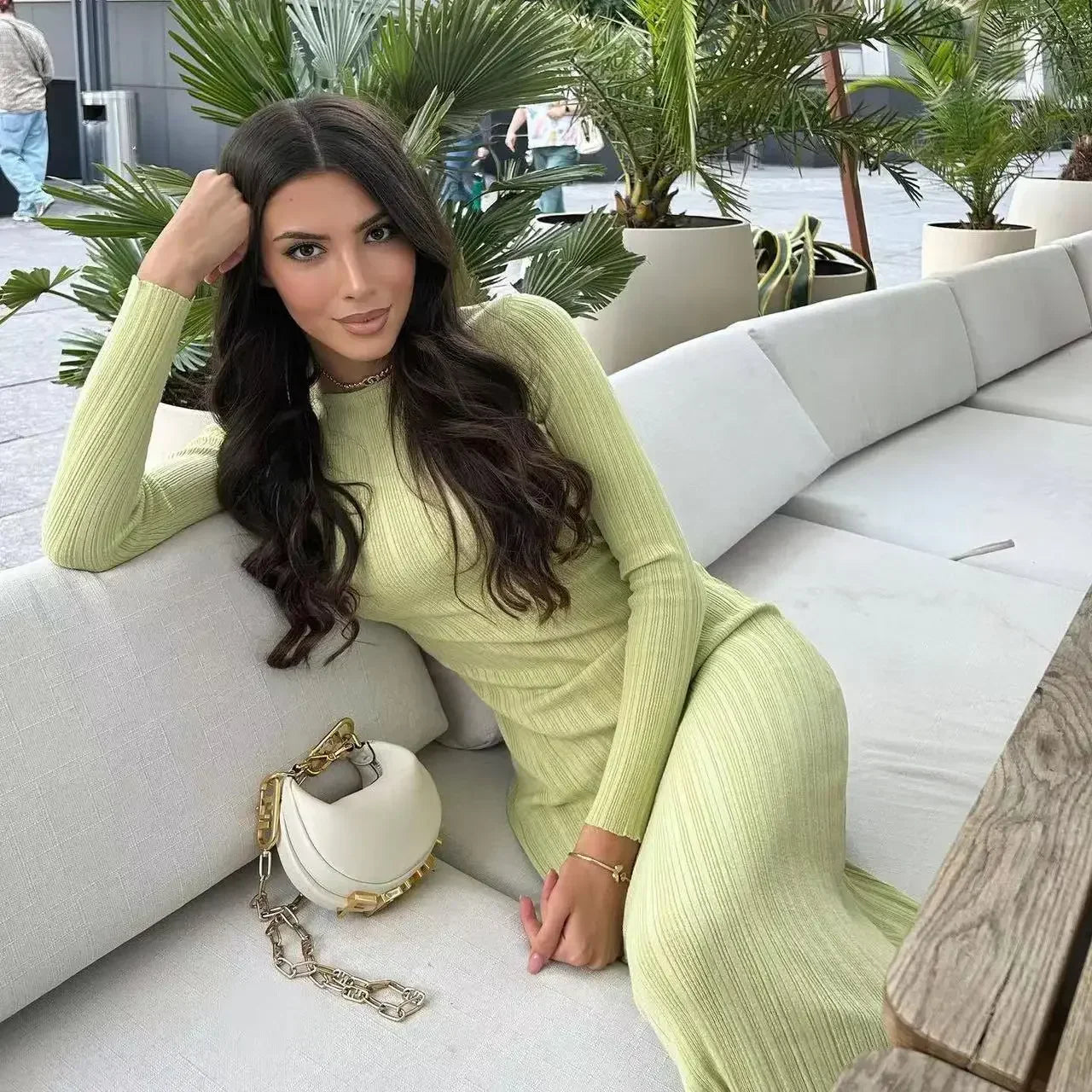 Women Spring Solid Maxi Long Sweater Dress Elegant Casual Fashion Pullover Bodycon Slim Streetwear Knitted Dress Autumn Light green LYQ197