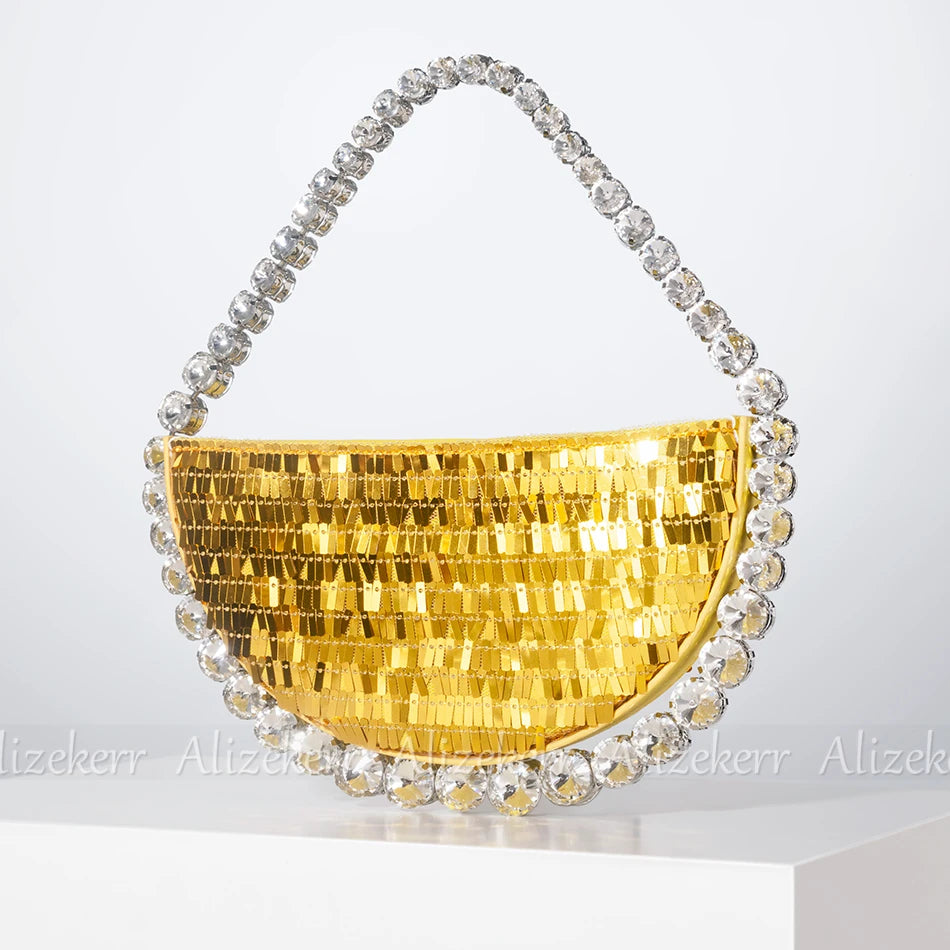Shiny Crystal Sequines Round Evening Bags Women Luxury Designer Half Moon Rhinestone Wedding Clutch Purses And Handbags Party