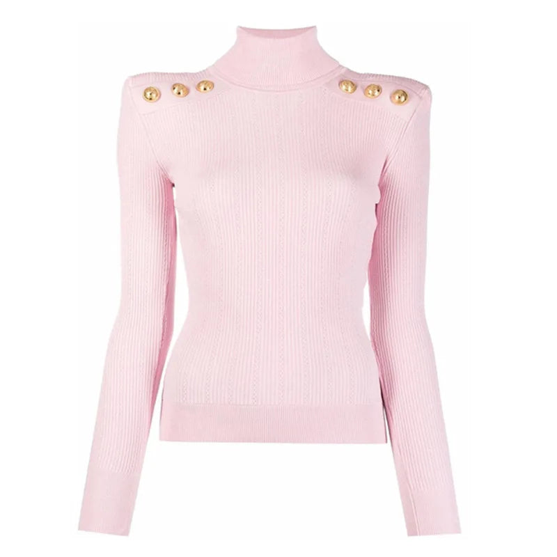 Classic Turtlenecks Pullovers Long Sleeve Gold Buckle Sweater Women Winter Fall Casual Elasticity Knitting Top Pink