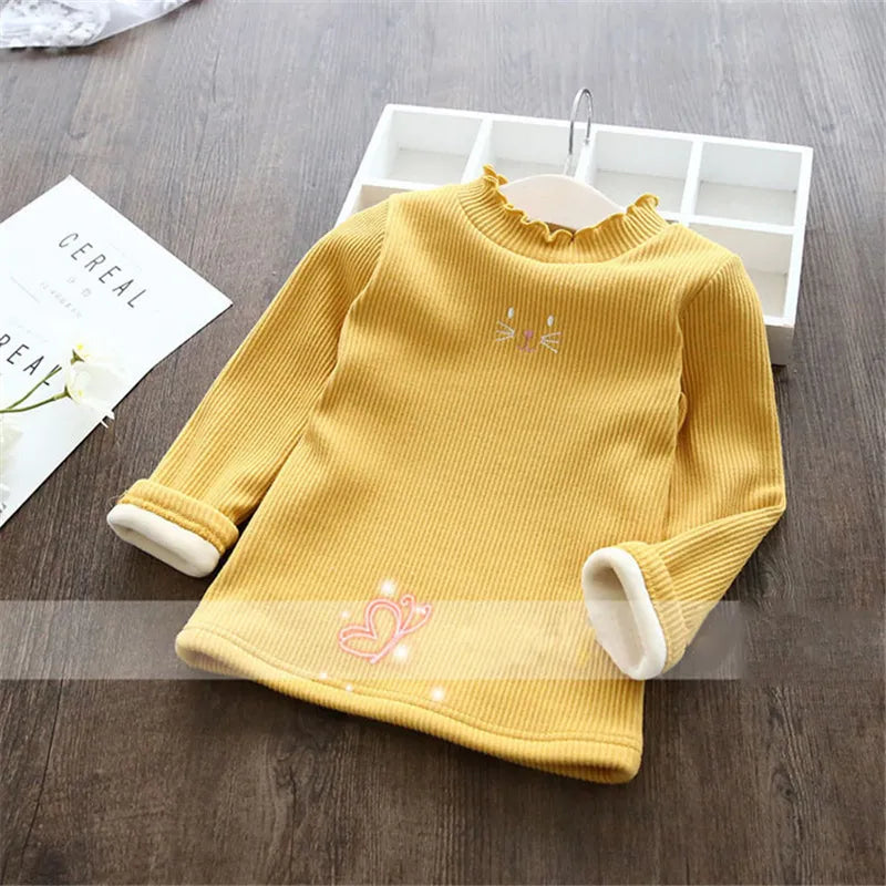 Fashion Girls Sweaters 2024 Winter Children Clothes Cartoon Kids Tops Warm Velvet Thick Kids Sweater Girls Outwear Sweater Yellow