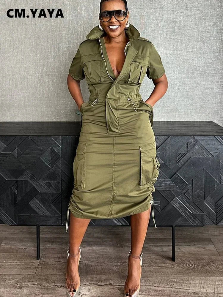 CM.YAYA Women High Waist Short Sleeve Mult Pockets Cargo Midi Dress Streetwear Drawstring Vestidos Party Sexy Evening Dresses