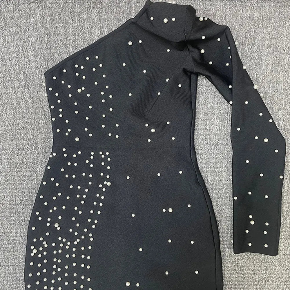 2024 Sexy Women's Light Luxury Pearl Design Bandage Dress with Diagonal Collar One Shoulder Long Sleeve Bodycon Christmas Dress