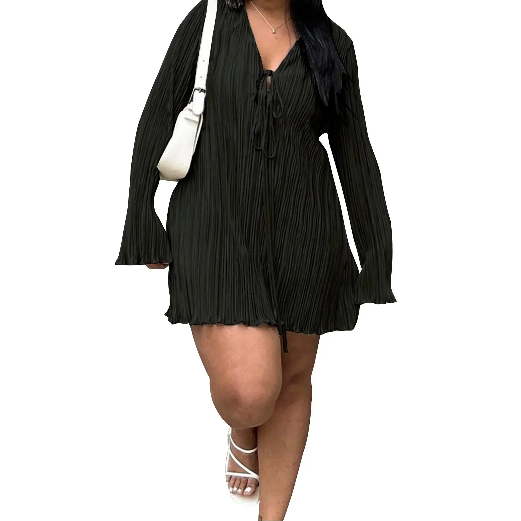 CM.YAYA Long Sleeve Women V-neck Pleated Dress Casual Streetwear Plus Size Mini Dresses 2024 Autumn Slim Party Casual