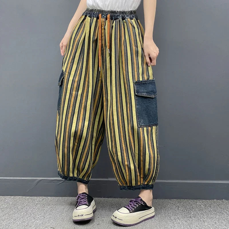 Spring Womens Fashion Striped Denim Wide Leg Pants Ladies Classic Loose Vintage Casual Jeans Females Punk Trousers Yellow One Size