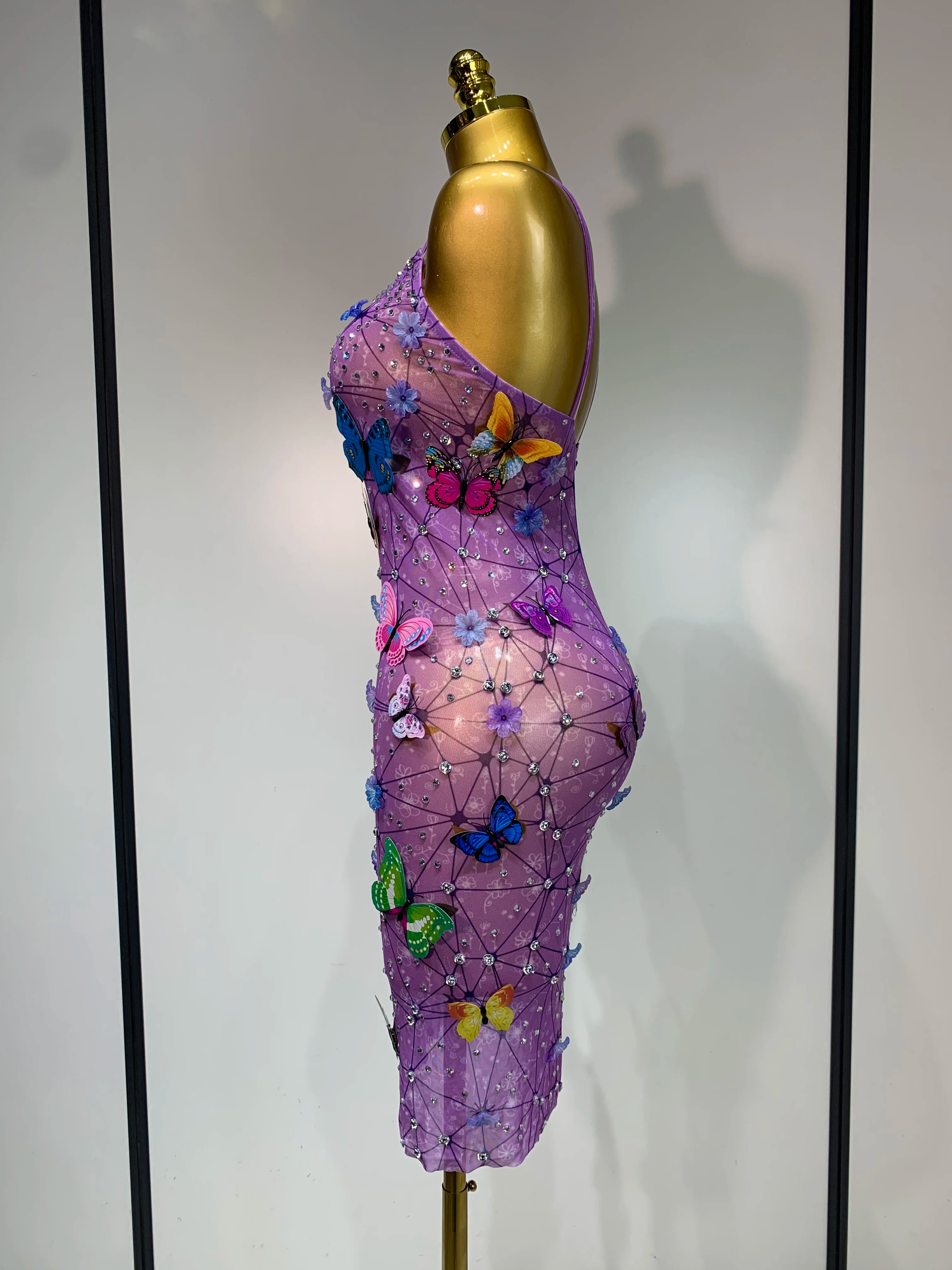 Sparkly Women Sexy Mesh See Through Dress 2025 New Arrival Butterfly Purple Celebrity Luxury Birthday Nightclub Stage Outfit