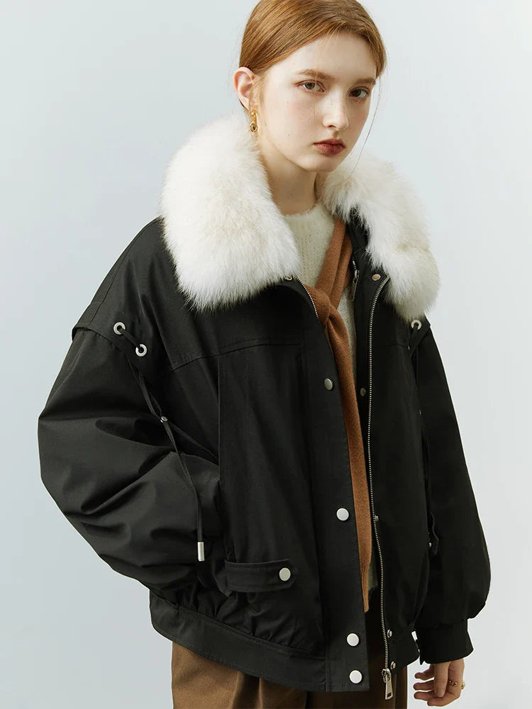 FSLE Fox Fur Collar Short Fur Coat Women's 2022 Winter New Style Overcomes Removable Rabbit Fur Liner Black Khaki Women Coats