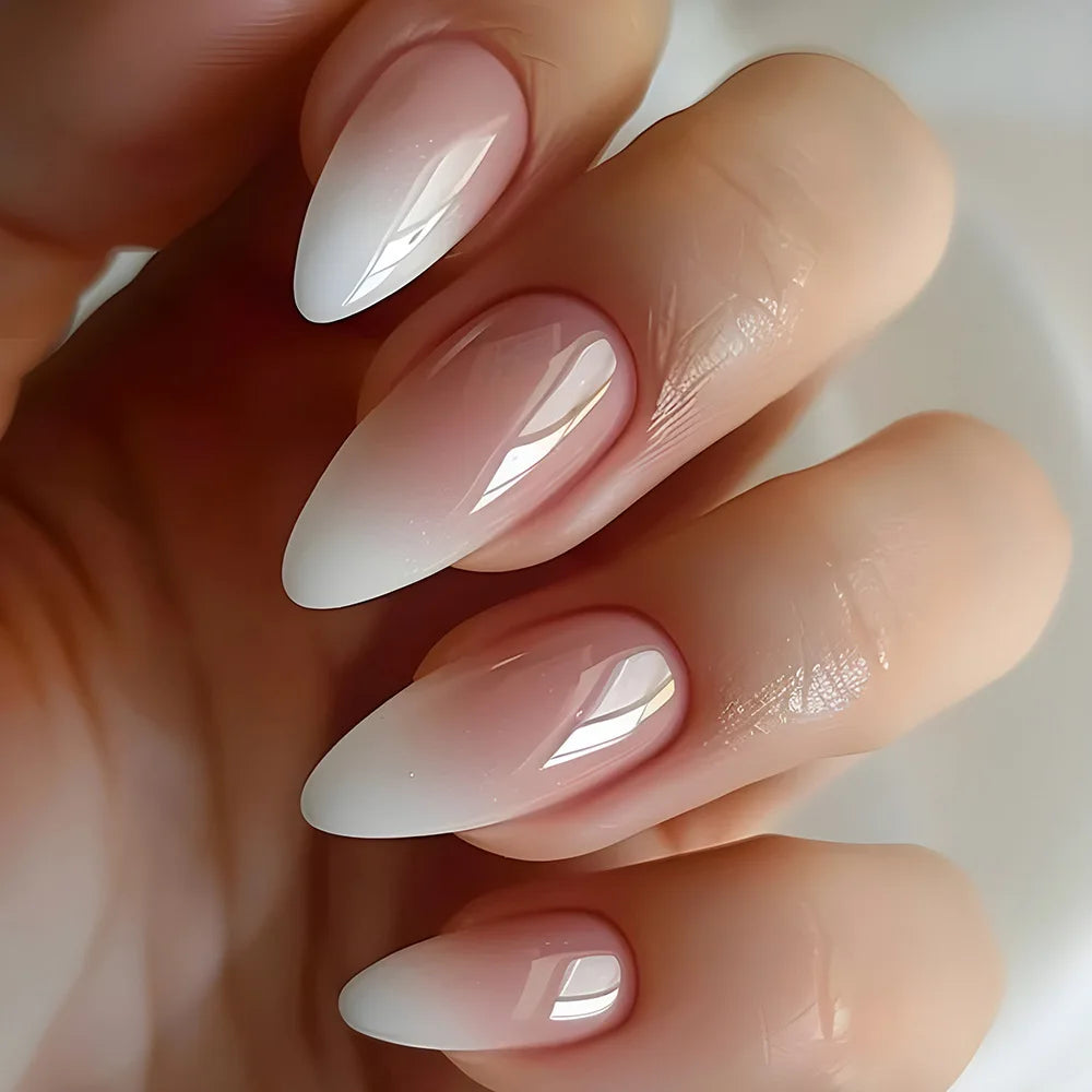 24pcs French Almond Fake Nail Sweet Pink White Gradient False Nail Tips for Lady Women Wearable Ins Simple Korean Press on Nails