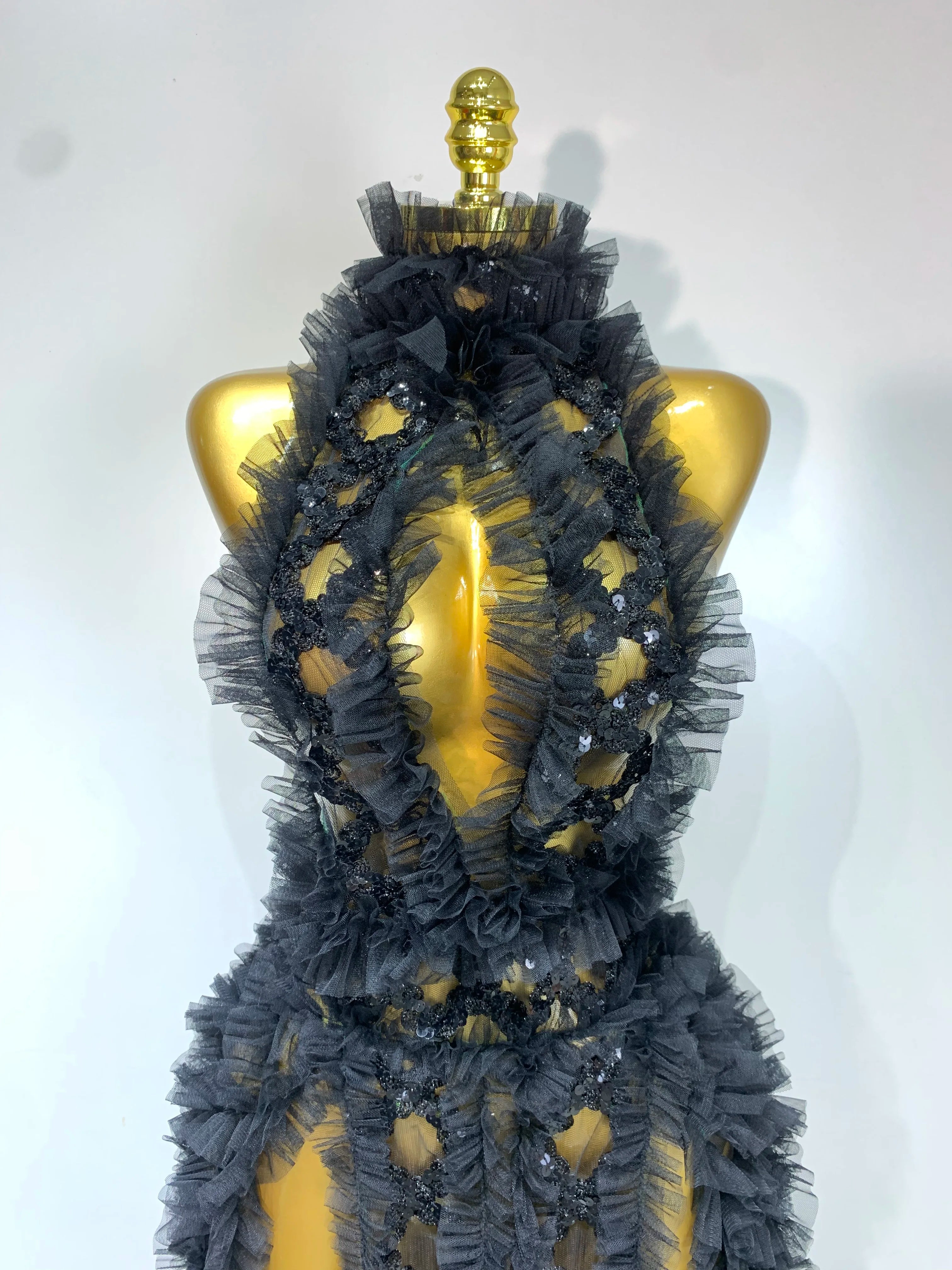 Vestido transparente com lantejoulas de malha preta, sexy, frente única, festa noturna, baile, boate, cantor, traje para performance no palco, 2025