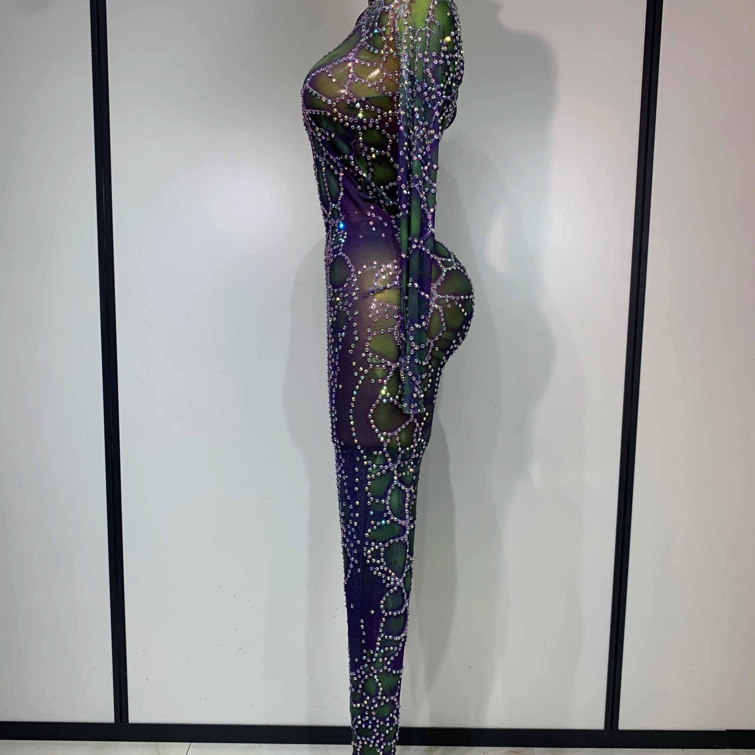 Women Sparkly Rhinestones Mesh Bodycon Jumpsuit Singer Stage Performance Dance Costume Nightclub Party Luxury Birthday Outfit