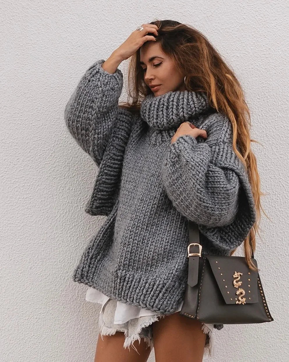 Solid Knit Turtlrneck Double Lantern Sleeve Women Pullover Thick Warm Oversized Loose Top Sweater 2023 Fall Winter Chic Knitwear CYD8654-QF