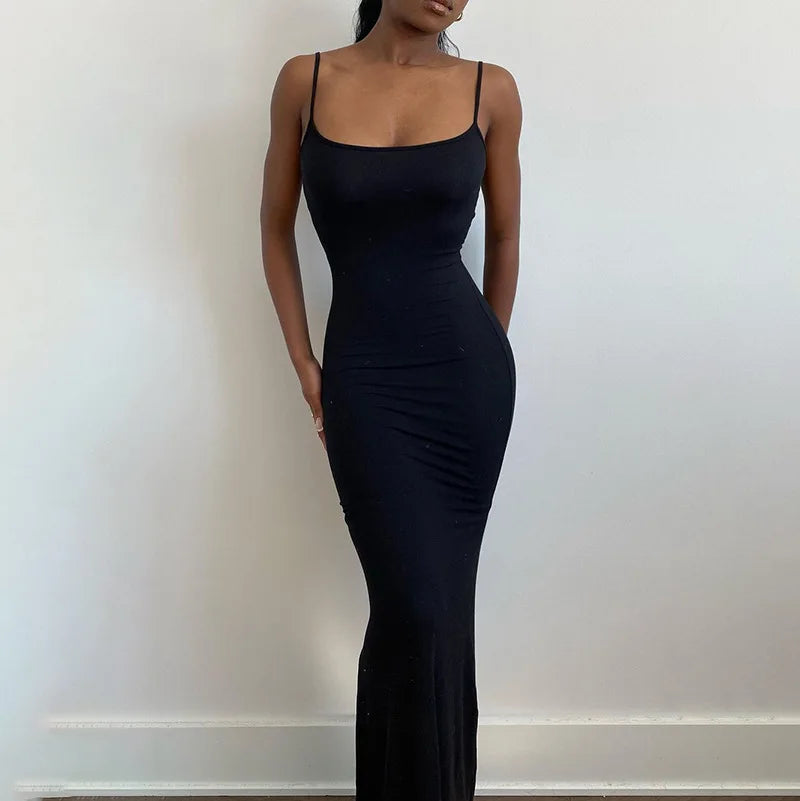 Summer Dresses For Women Sexy Spaghetti Strap Black Long Dress Y2k Sleeveless Solid Skinny Bodycon Trumpet Maxi Vestidos