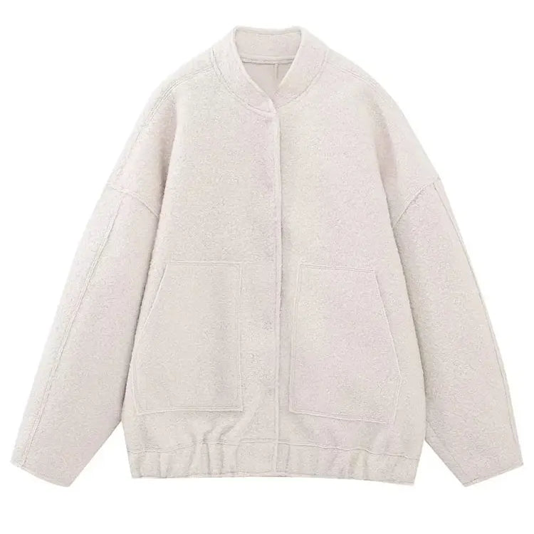 Women Elegant Solid Coat Button Long Sleeve Pocket Bomber Jacket Autumn Winter Female Casual Loose Streetwear Coats beige