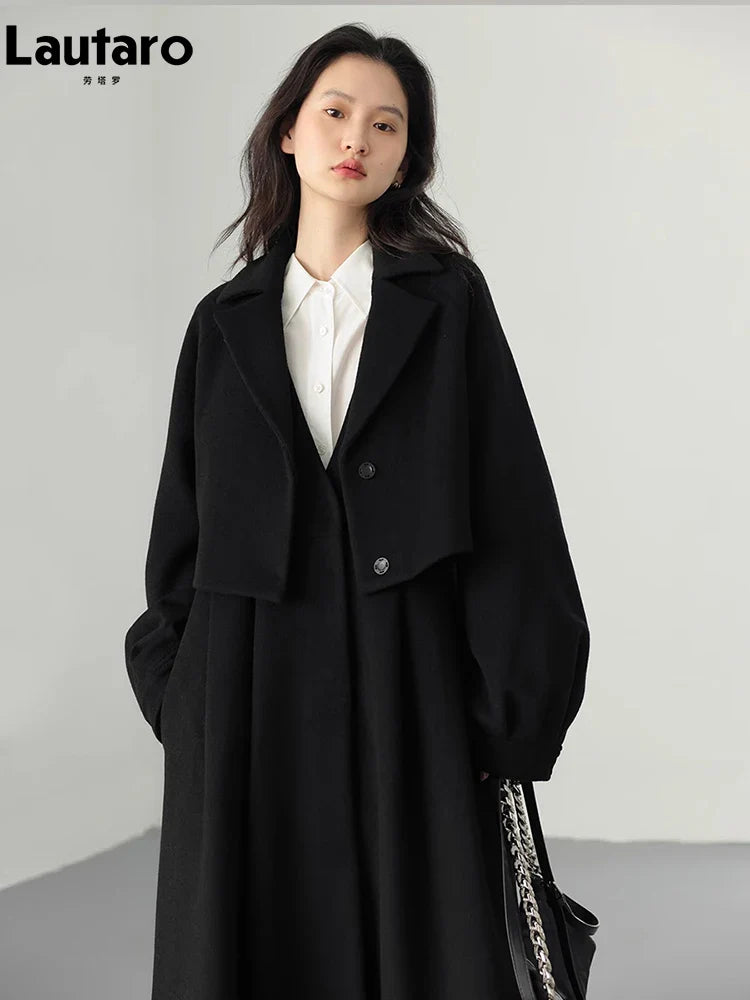 Autumn Winter Long Flowy Luxury Vintage Black Warm Thick Woolen Coat Women Luxury Designer Fake 2 Pieces Clothes 2023 Black