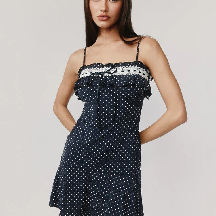 Spaghetti Strap Polka Dot Mini Dress For Women Robe Contrast Color Off-shoulder Sleeveless Backless Club Party Dress