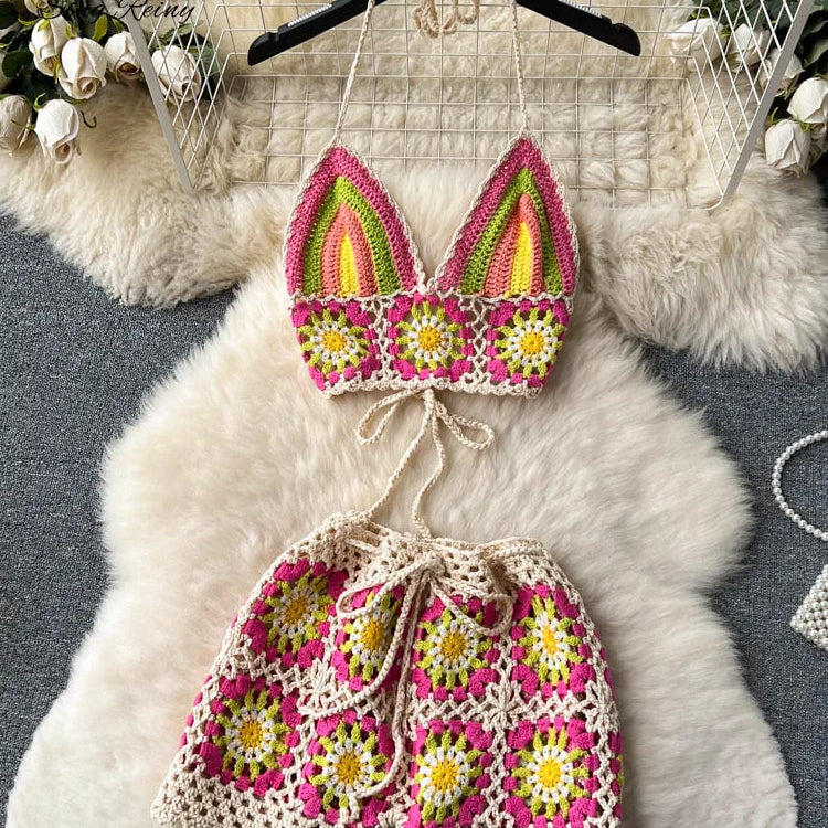 SINGREINY Summer Hollow Out Beach Suits Women Strap Halter Sexy Top+Mini Shorts Fashion Floral Knitted Bohemian Two Pieces Sets apricot One Size