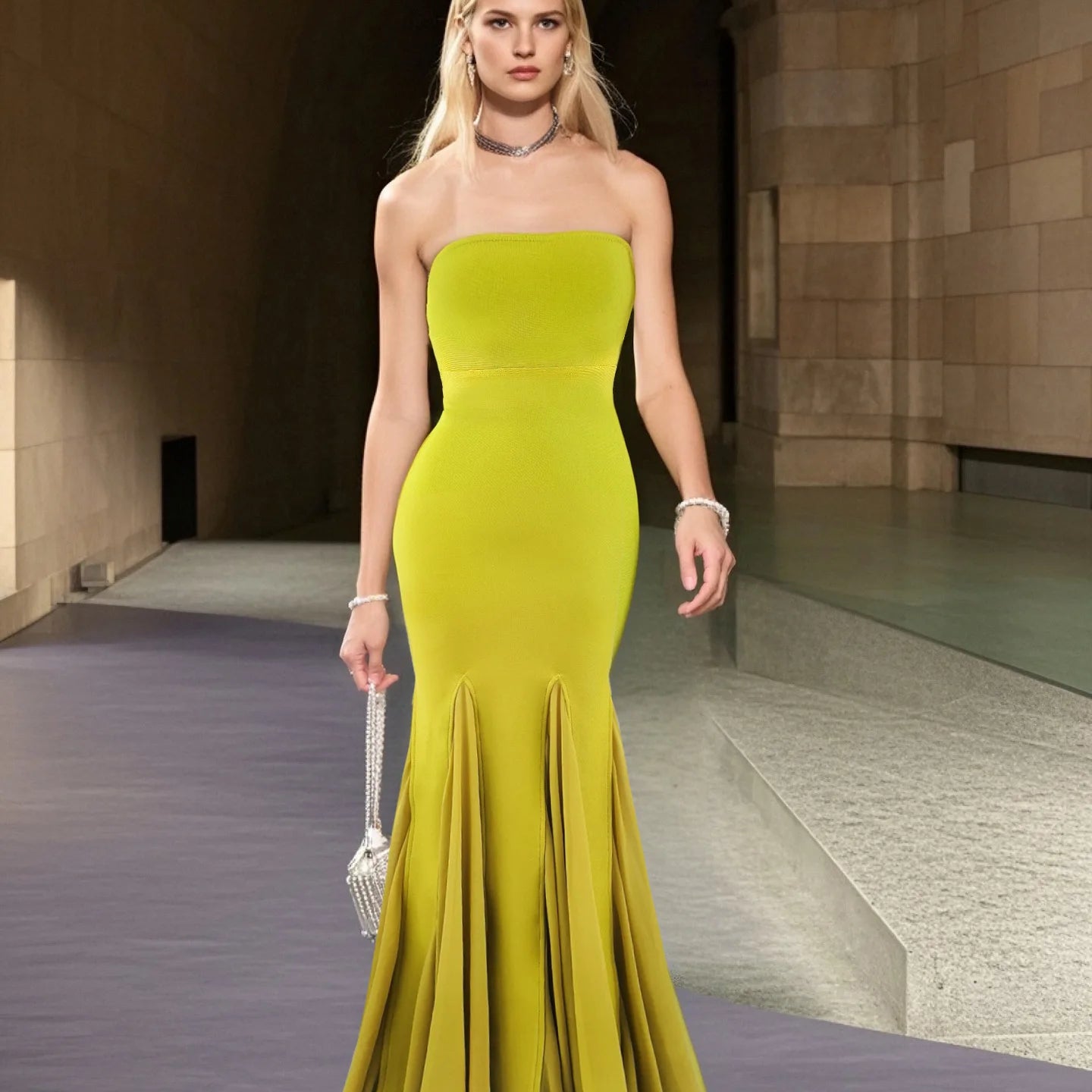 Yellow Color Women Sexy Strapless Bodycon Long Maxi Bandage Dress Celebrate Birthday Vacation Graduation Season Outfit