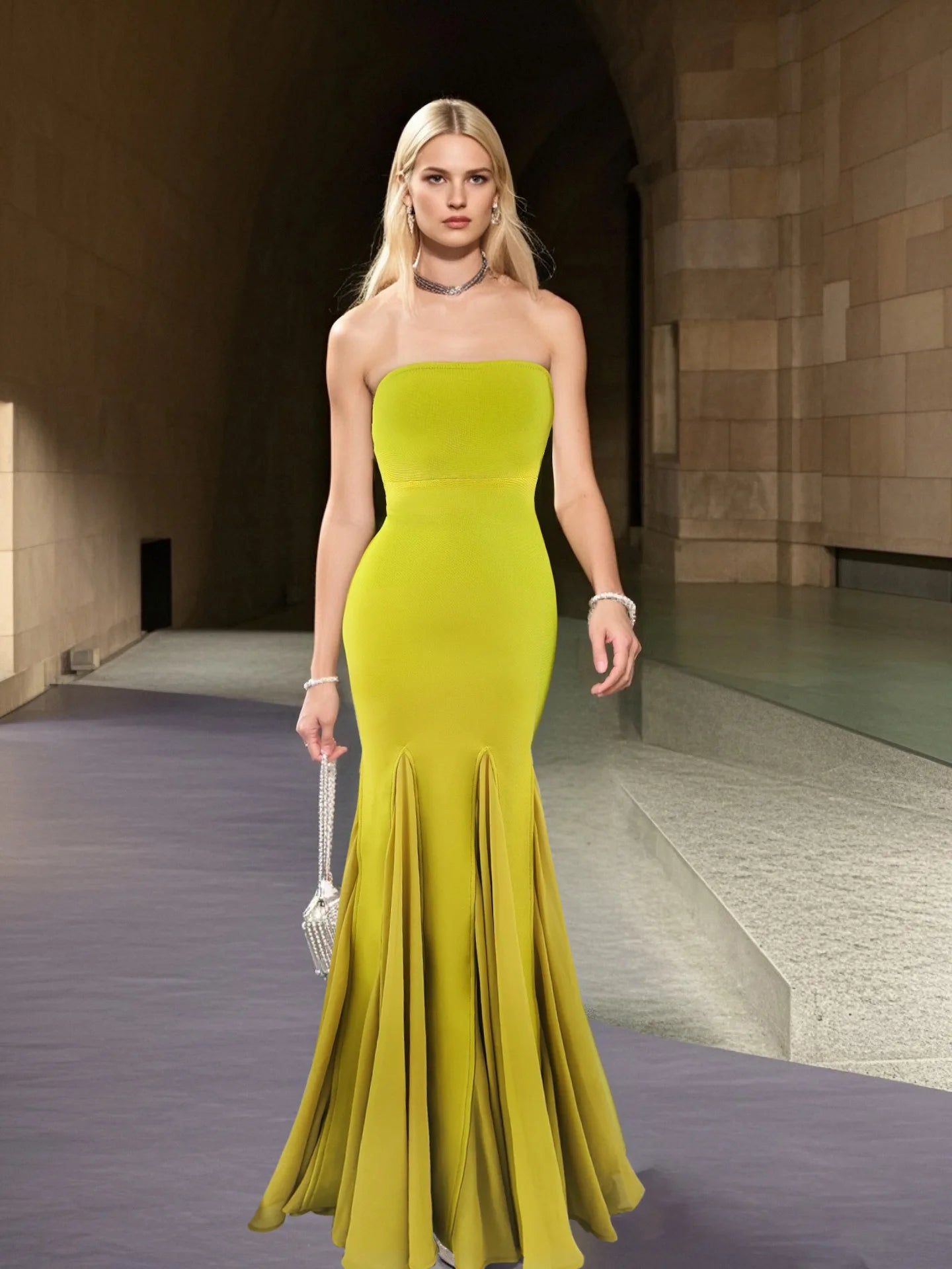 Yellow Color Women Sexy Strapless Bodycon Long Maxi Bandage Dress Celebrate Birthday Vacation Graduation Season Outfit