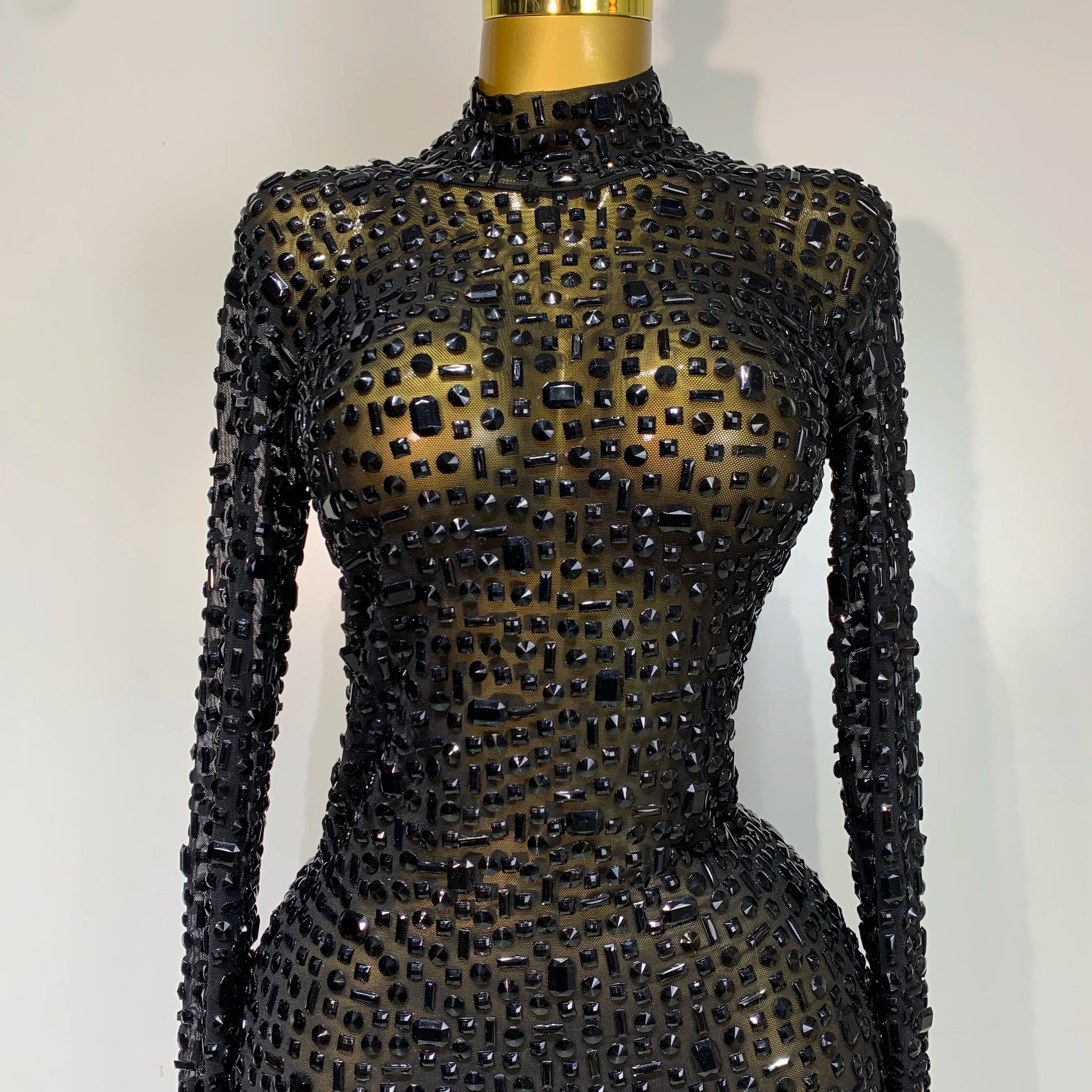 Sparkly Luxury Rhinstones Long Sleeve Elegant Party Dress Women 2025 Performance Stage Outfit Evening Birthday Prom Gown