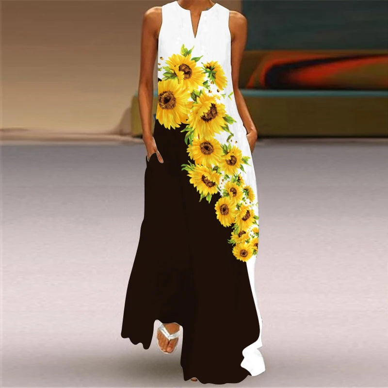 Vestido longo feminino elegante com decote em V, estampa floral fresca, sem mangas, solto, reto, praia, férias, vestido longo