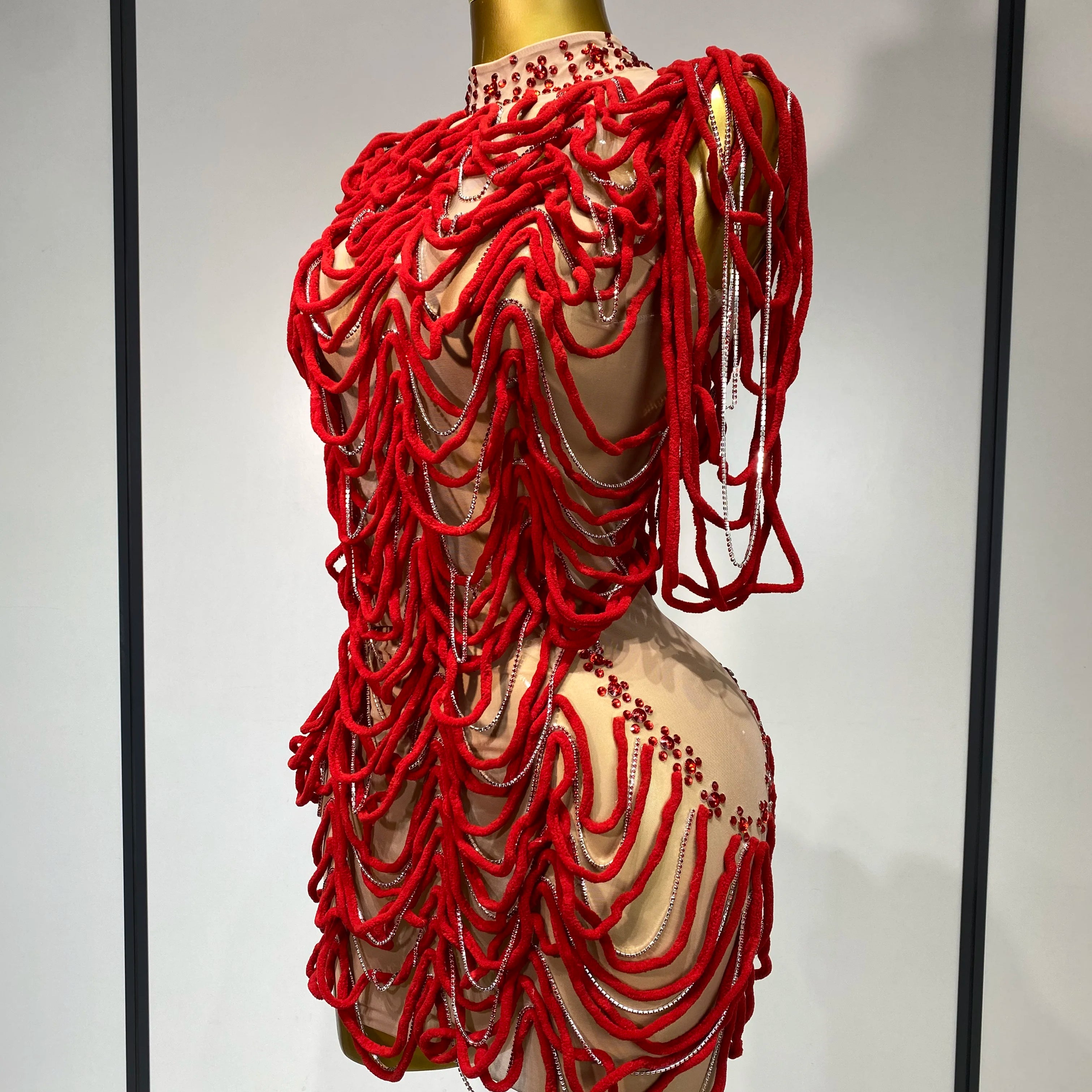 Women Mesh Elastic Sexy Tight Fitting Sparkly Diamond Chain Short Dress Nightclub Luxury Birthday Stage Performance Costumes