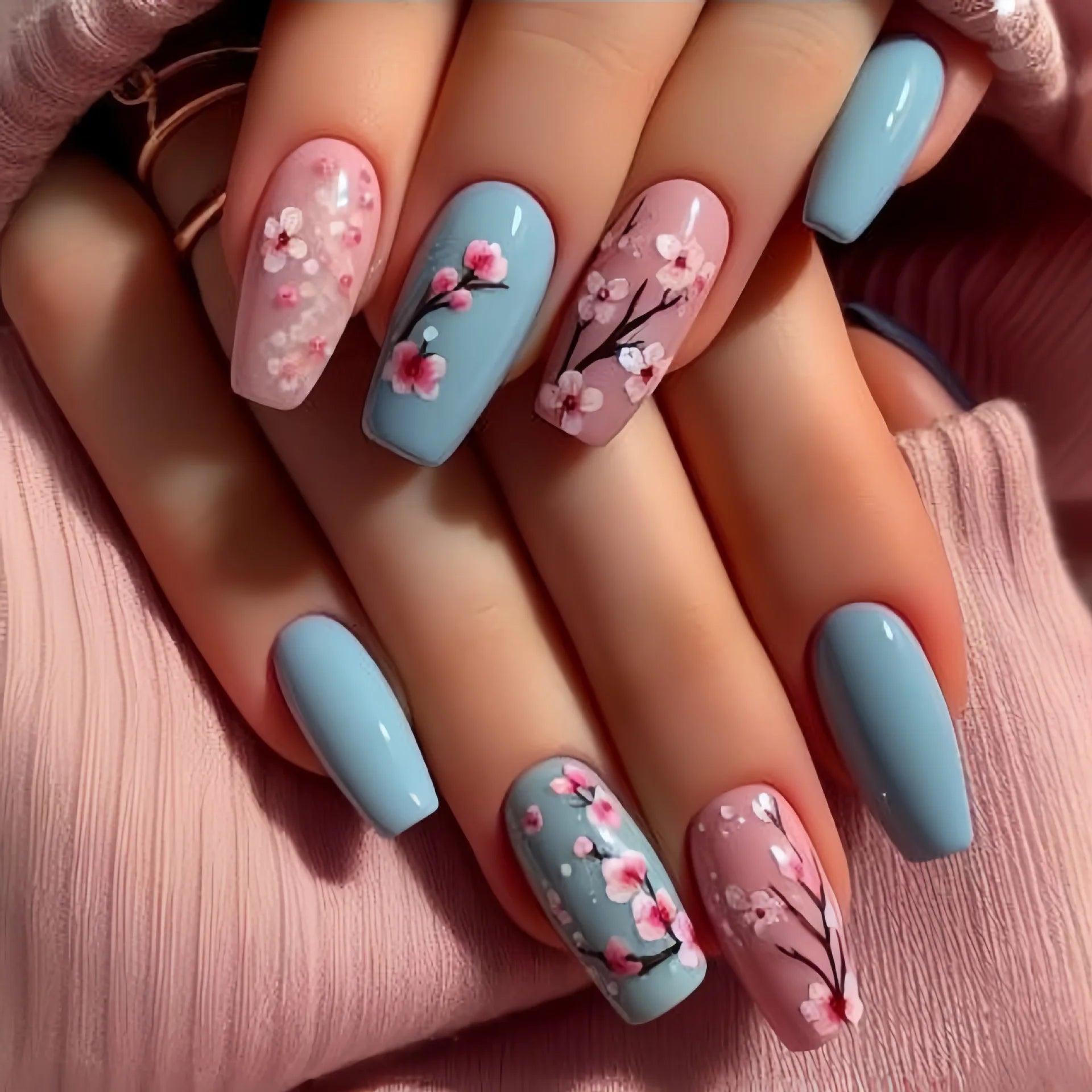24pcs/set short medium long fake nails for Spring summer season gradient peach flowers butterfly heart press on false nail art