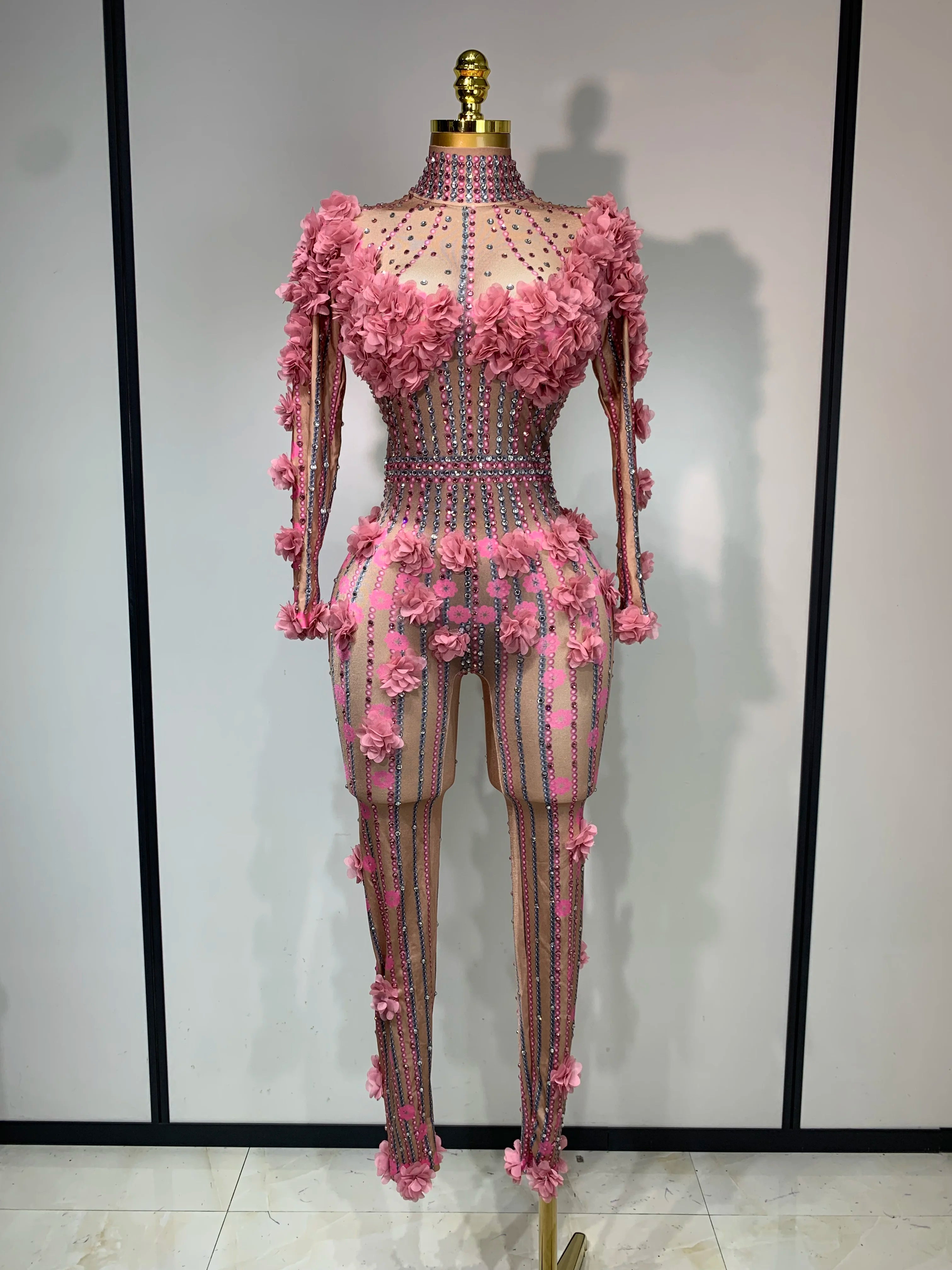 Sexy Skinny Rhinestones Flower Long Sleeve Bodycon Jumpsuit Women High Street Nightclub Birthday Performance Dance Stage Outfit