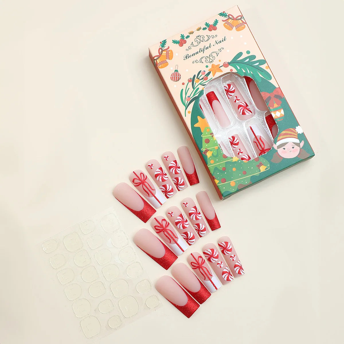 24pcs Christmas Bow and Snowflake Press on Nails Red French Manicure False Nail Full Coverage Nail Tips for Women&Girl Nail Art