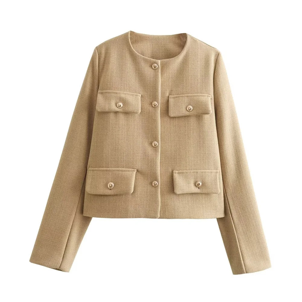Women's Fashion and Casual Versatile Round Neck Single breasted Flap Decoration Suit Coat Khaki