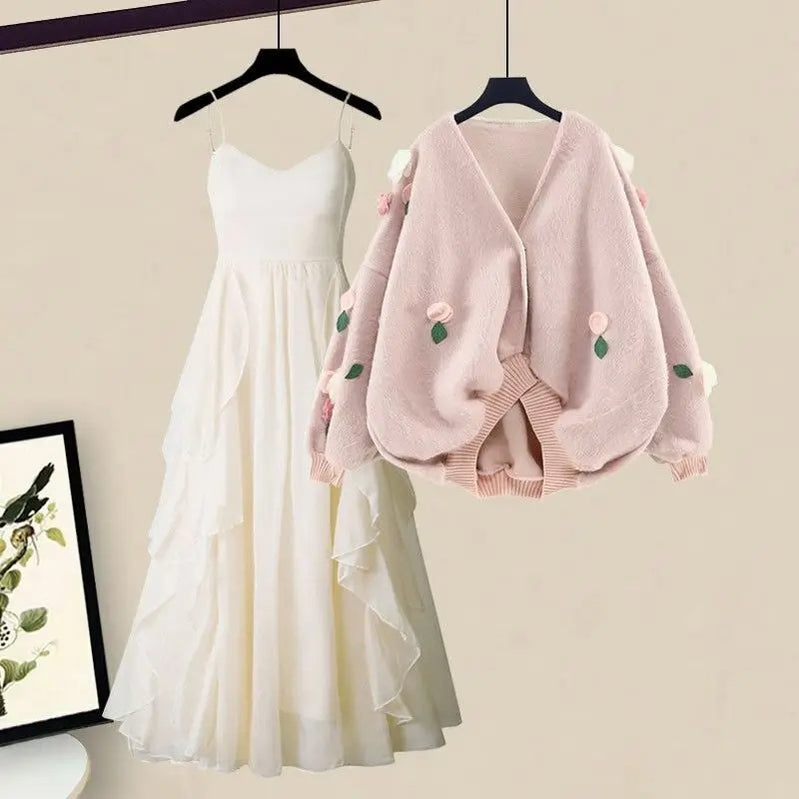 Women Spring Two Pieces Sets Korean Long Sleeve Knitted Sweater Cardigan And Ruffles Patchwork Mesh Long Dress Suit picture 7