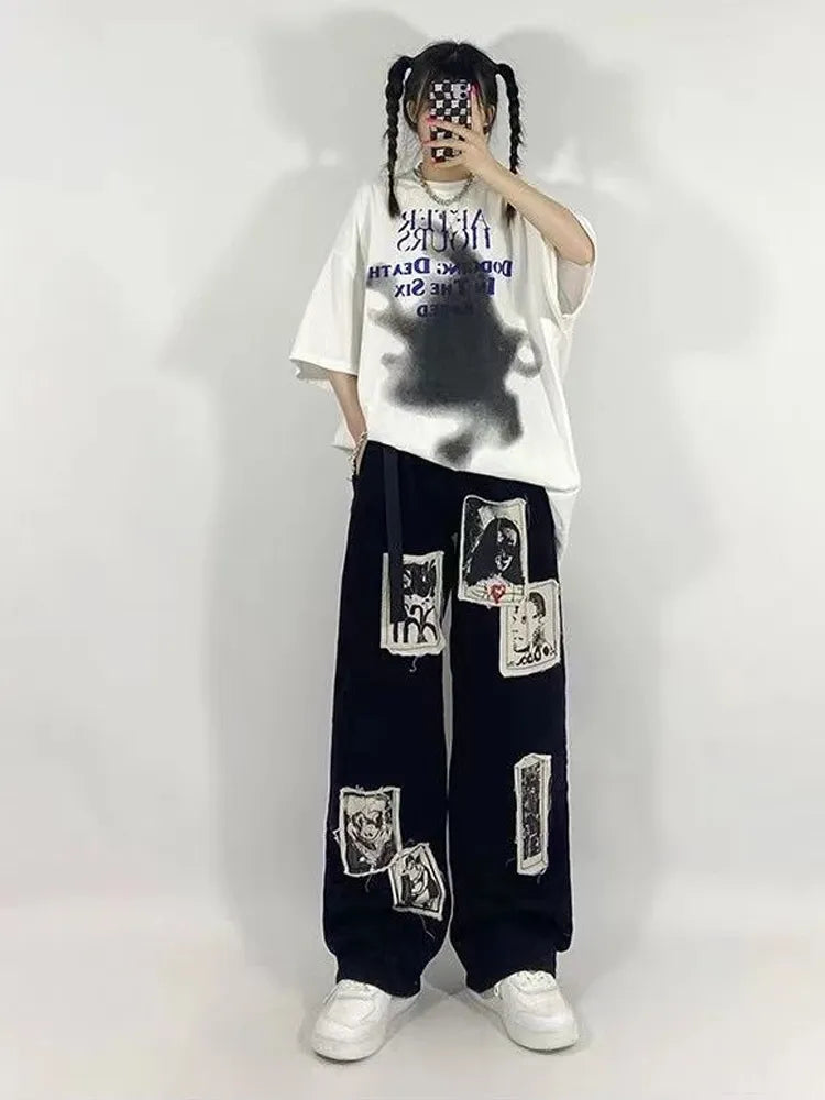 Grunge Punk Patchwork Black Jeans Women Hip Hop Streetwear Print Oversize Wide Leg Trousers 90s Vintage Fashion Pants