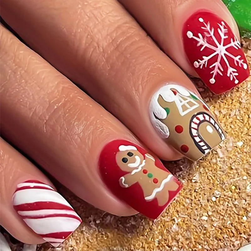 24pcs/set short fake nails for Christmas Square ballet winter false nail tips snow flakes christmas tree snowman press on nails
