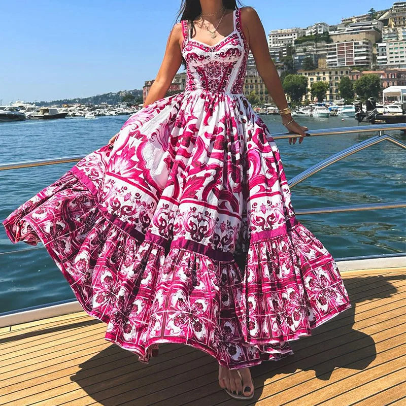 Runway Red White Porcelain Floral Print Long Maxi Beach Dresses Women Straps Sundress