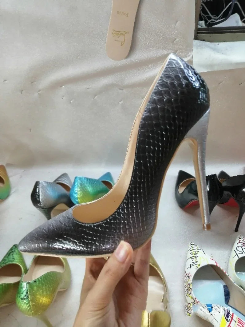 White Snake Pattern Pumps Shallow Pointed Toe High Heels Pull On Luxury Shoes Solid Scales Metallic Sandalias De Mujer 12CM