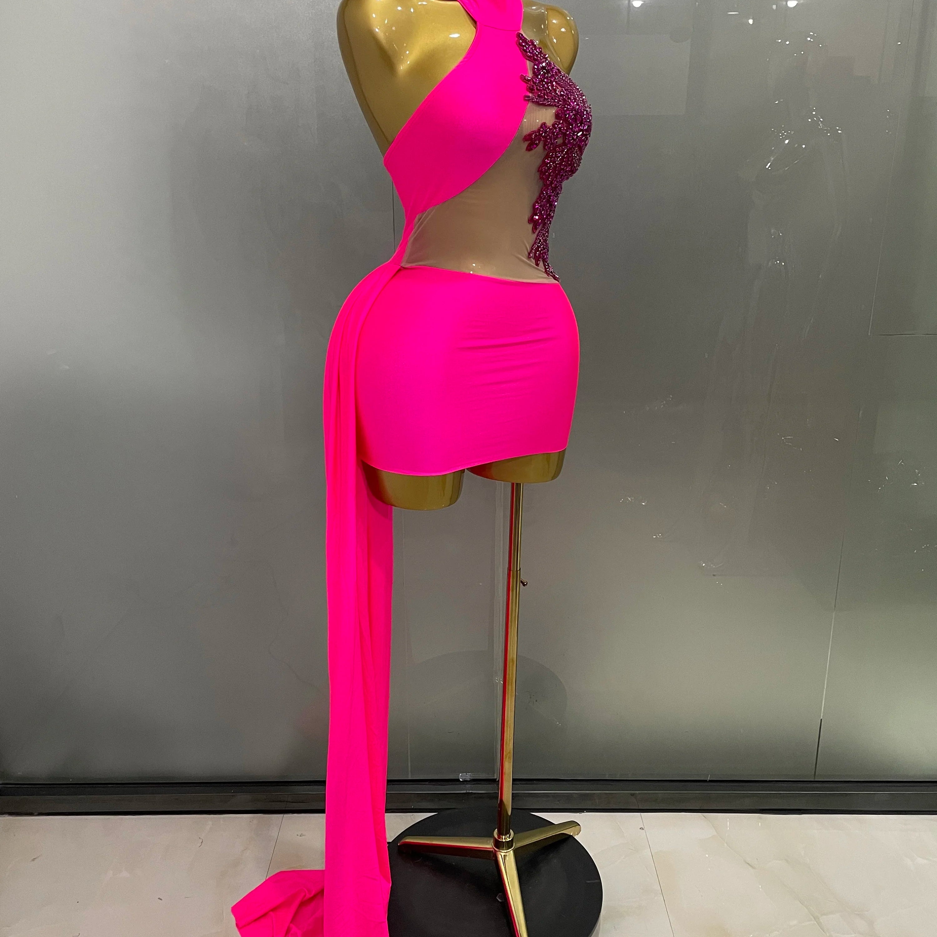 Sexy Sparkly Beaded Mesh See-Through Backless Cocktail Short Dress 2025Women Evening Prom Celebrate Birthday Party Stage Costume