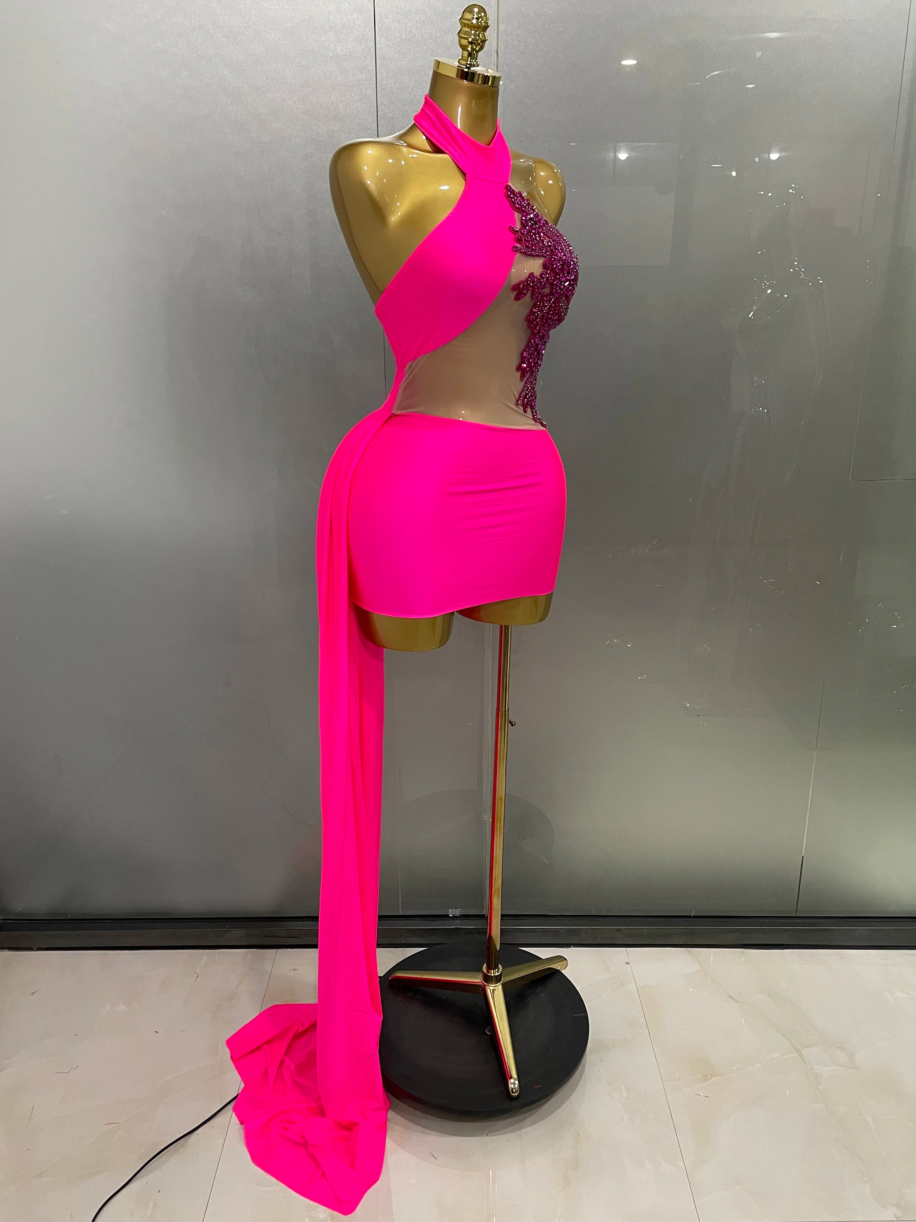 Sexy Sparkly Beaded Mesh See-Through Backless Cocktail Short Dress 2025Women Evening Prom Celebrate Birthday Party Stage Costume