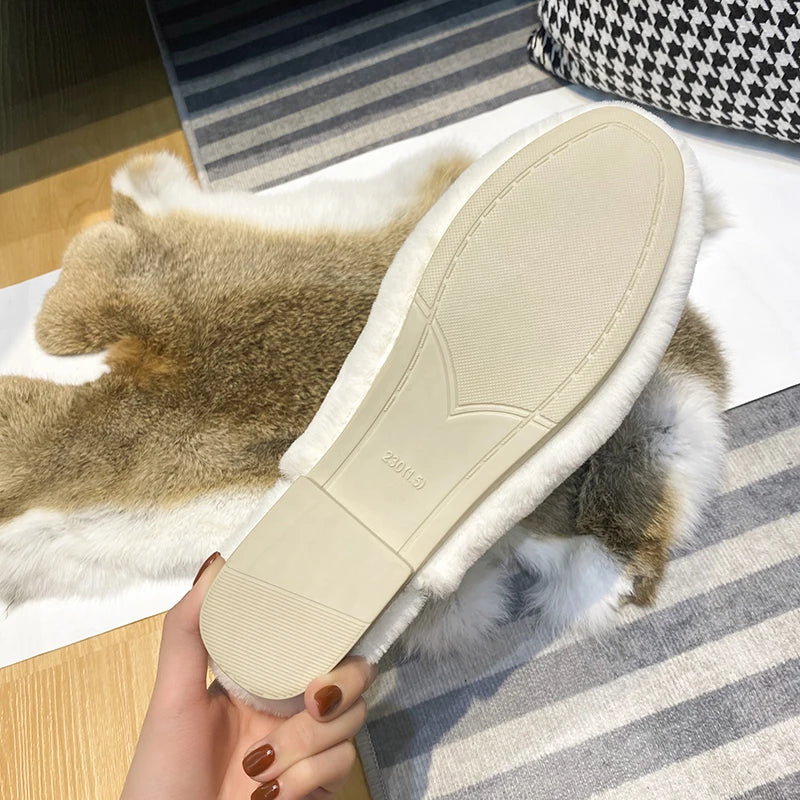 women's plush flat slippers Winter Home and Outdoor Shoes Fashionable fur warm design work and office mules Large size 41-44