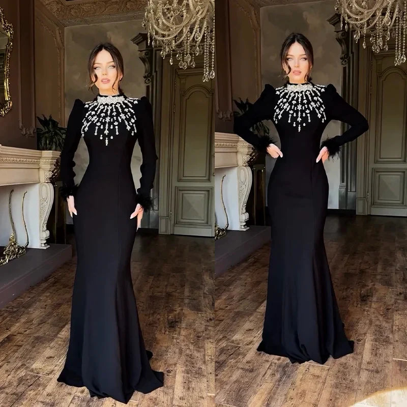 Black Red Color Women Long Sleeve Shinning Crystals Long Maxi Dress Celebrate Elegant Evening Party Outfit Vestido