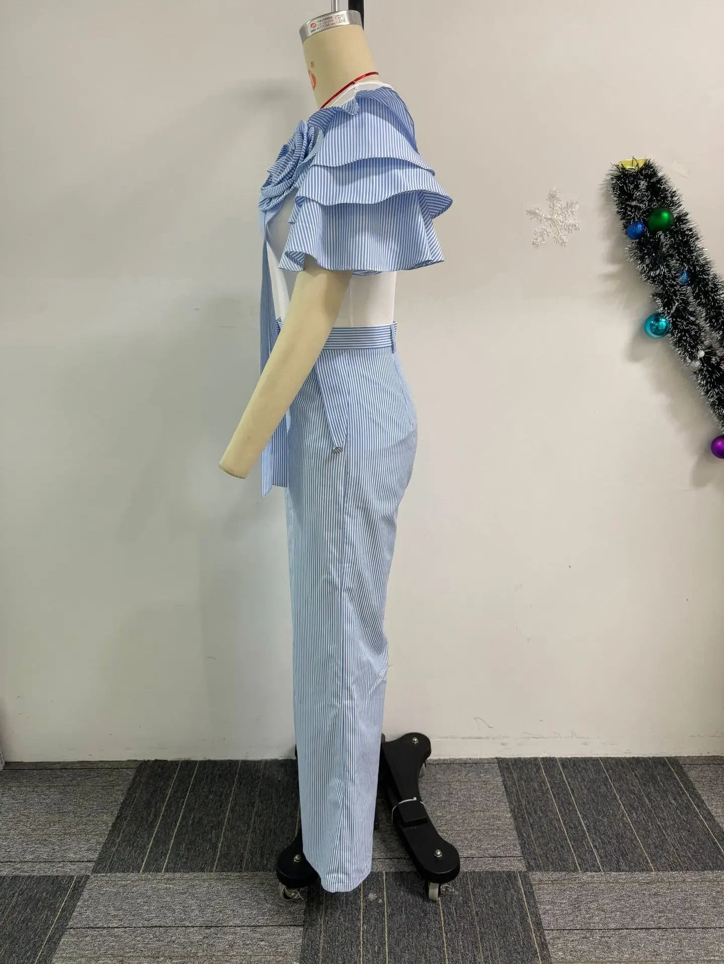 CM.YAYA Street Women's Set Short Sleeve T-shirt and Striped Floral Splicing Romper Wide Leg Pants Elegant Two 2-Piece Set Outfit