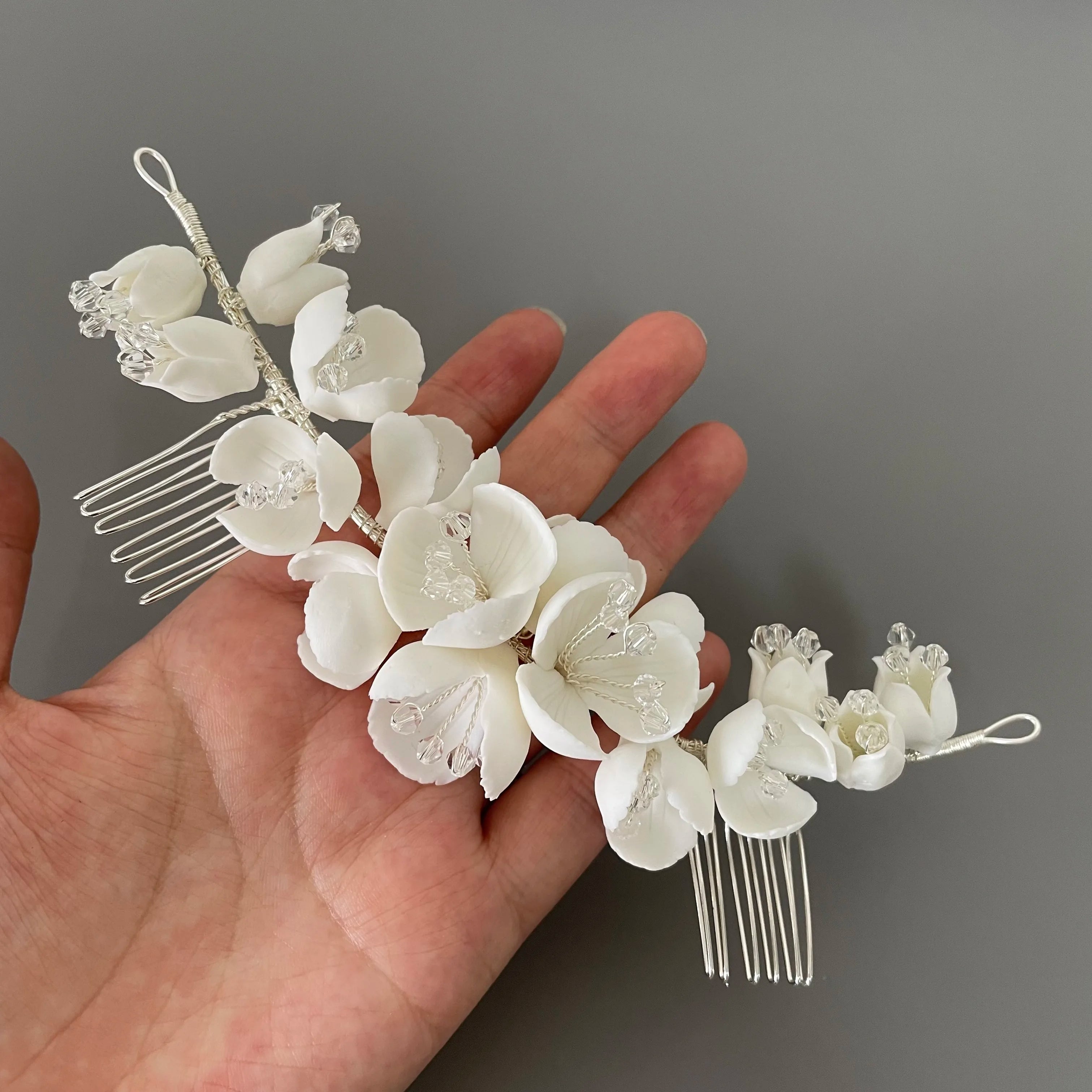 Clay Floral Bridal Hair Comb Handmade Headpiece Rhinestone Hair Vine Wedding Hair Jewelry New arrival silver plated WHITE | Hair Combs