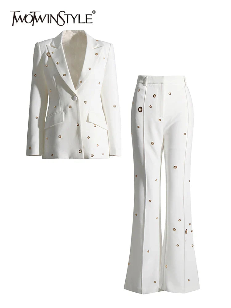 TWOTWINSTYLE Soild Minimalist Sets For Women Turn Down Collar Long Sleeve Patchwork Button Pockets Set Female Fashion Clothing