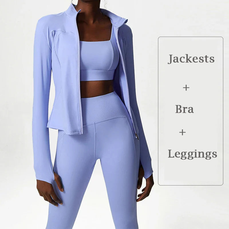 Plus Size Tracksuits Women's Yoga Set Sports Gym Jackets + Bra + Leggings Clothes for Women Sport Outfit Fitness Suit Blue Purple 3pcs